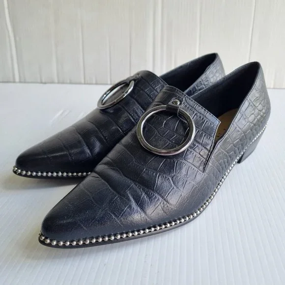 Skin Black Crocodile Print Leather O-Ring Detail Pointed Toe Loafers Size 38 - Picture 2 of 7